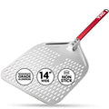 TKC 14” Perforated Pizza Peel – 31 Inch Long Handle Perforated Aluminium Pizza Paddle – Lightweight Pizza Turning Peel – Commercial Grade Pizza Spatula - Outdoor Pizza Oven Accessories - (Silver/Red)