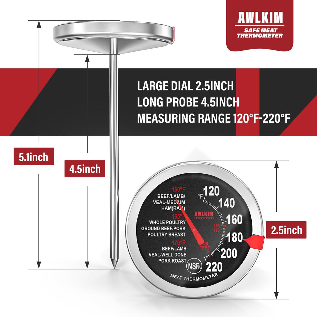 AWLKIM 2 Pack Analog Meat Thermometer Oven Safe Dial No Battery
