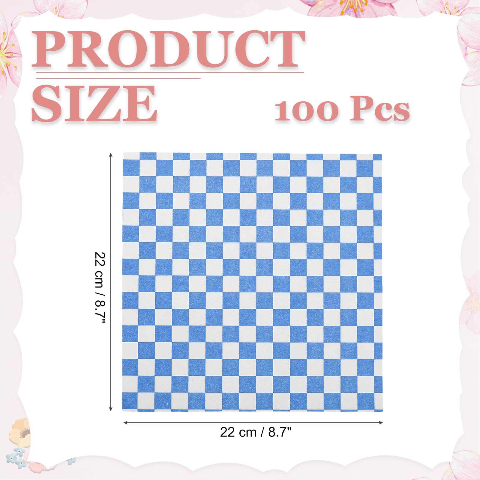 PATIKIL 8.7" x 8.7" Waxed Paper Sheets, 100Pcs Square Pattern Oil-absorbing Dry Food Wrapping Paper for Bakery Coffee Shop Home Baking Kitchen DIY, Blue