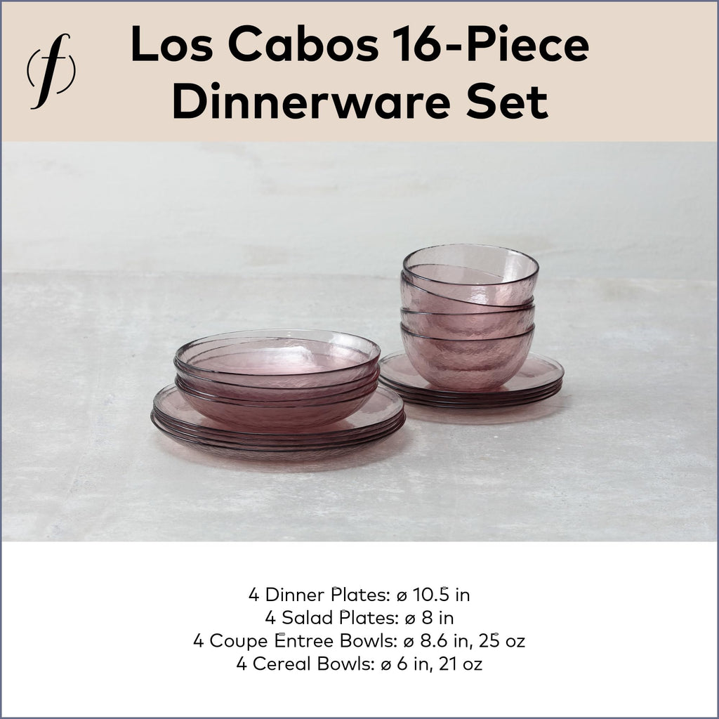 FORTESSA Los Cabos Tableware, 16-Piece Glass Dinnerware Set with 4 Dinner Plates, 4 Salad Plates, 4 Coupe Bowls and 4 Cereal Bowls, Dishwasher-Safe Glass Plate Set, Pink