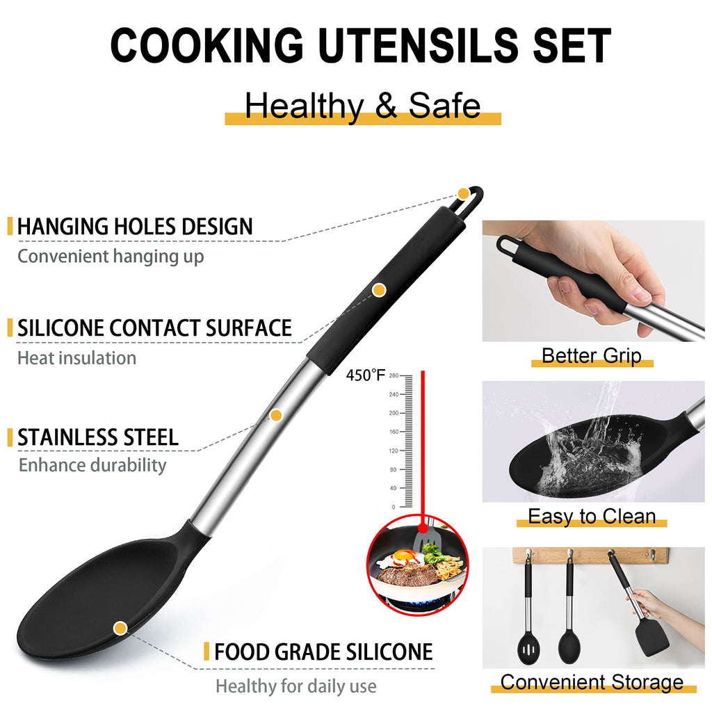 Silicone Kitchen Utensils Set, E-far 30-Piece Cooking Utensils Set with Holder, Heat Resistant Kitchen Spatulas Turner Tong Spoon Whisk Ladle for Nonstick Cookware, Stainless Steel Handle (Black)
