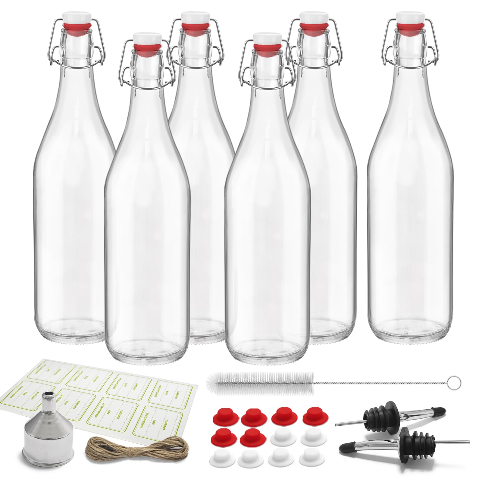 6 Pack [1 Liter / 33 fl. oz.] Swing Top Glass Bottles – Airtight Flip Top Brewing Bottles for Kombucha, Beer, Wine, Kefir, Soda, Liquor – Includes Funnel, 2 Pourers, 6 Seals, 8 Labels & Jute Twine