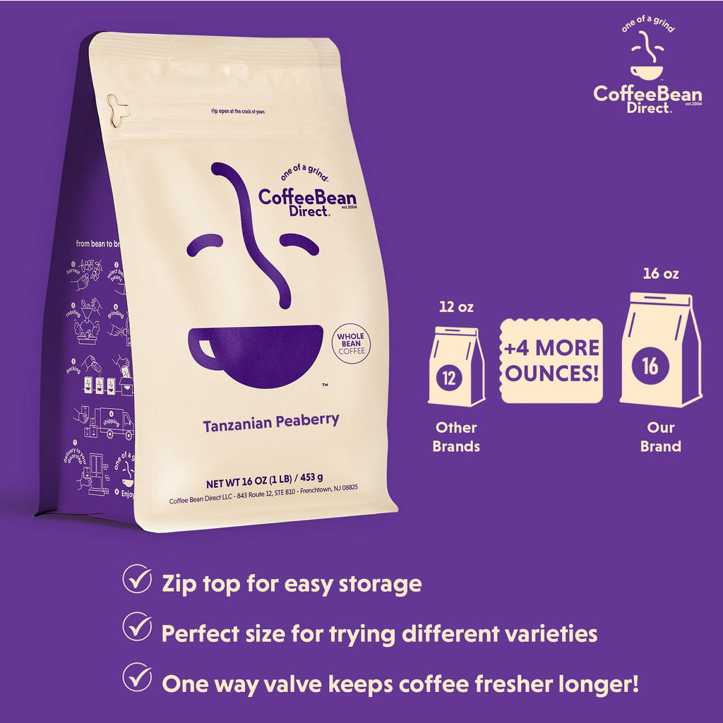 Coffee Bean Direct Tanzanian Peaberry, Whole Bean, 1lb Bag
