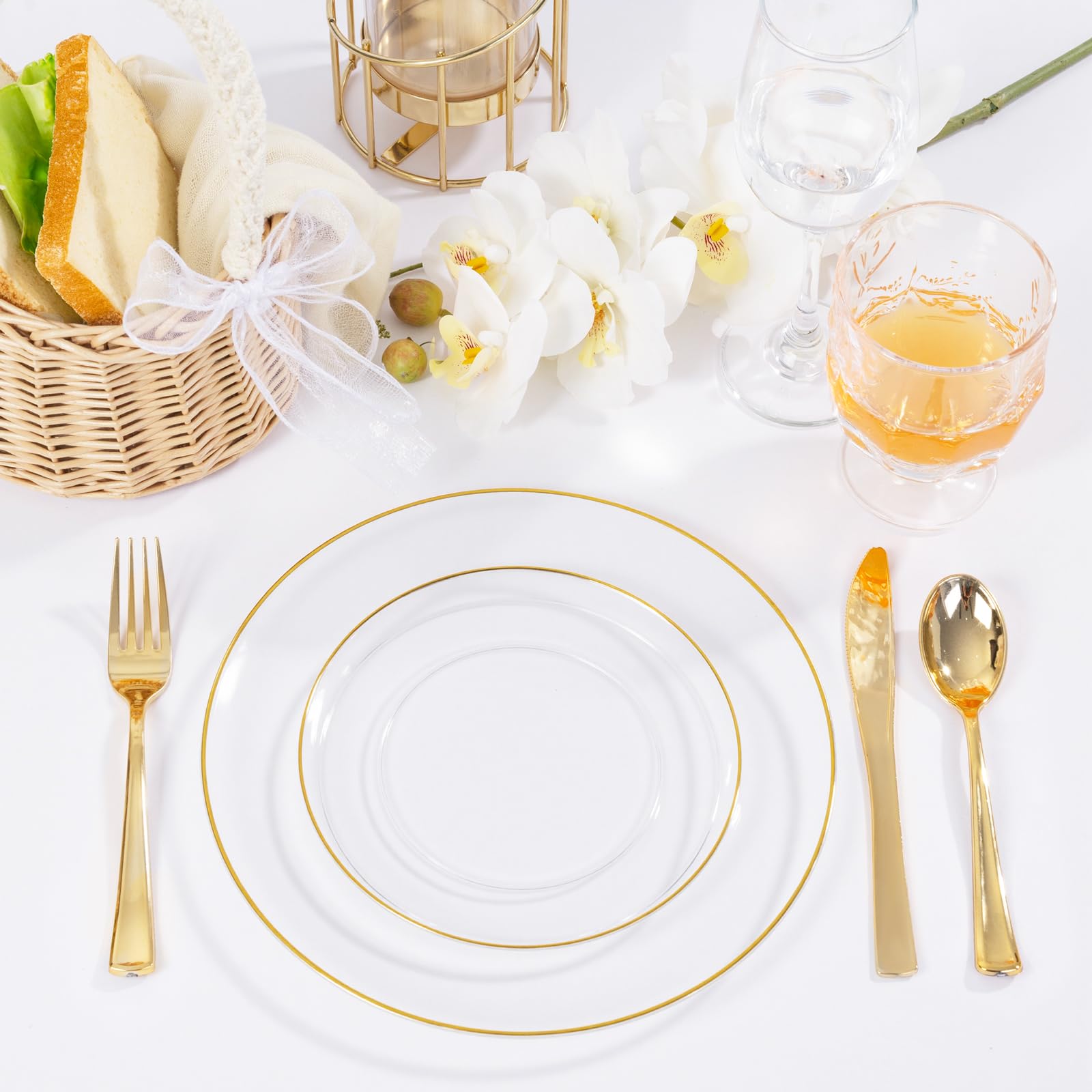bUCLA 100PCS Clear and Gold Plastic Plates - Clear Disposable With Gold Rim Include 50 Each (10 inch Dinner & 7 inch Dessert) Plates, Ideal for Party & Thanksgiving