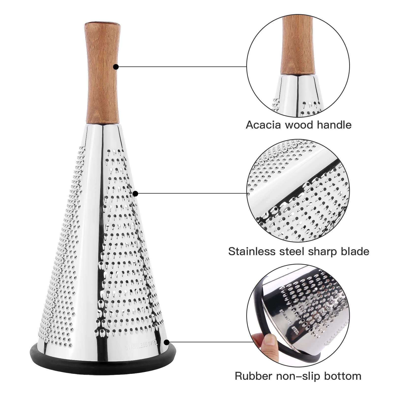 Cone Cheese Grater with Handle Stainless Steel Triple Function Wood Handle Parmesan Shaver Non-Slip Rubber Bottom Hand Held Multifunction Vegetables Cheese Grater with container (L: 10.6" X 4.7")