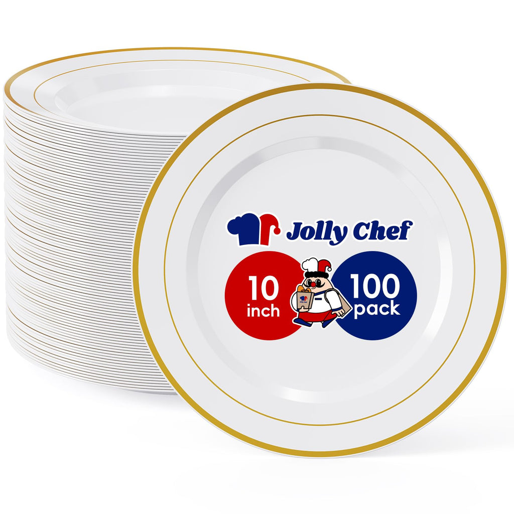 JOLLY CHEF 100 Pieces Gold Plastic Plates, 10 Inch Elegant Disposable Dinner White with Gold Rim, Disposable Plastic Plates for Christmas, Birthdays and Weddings