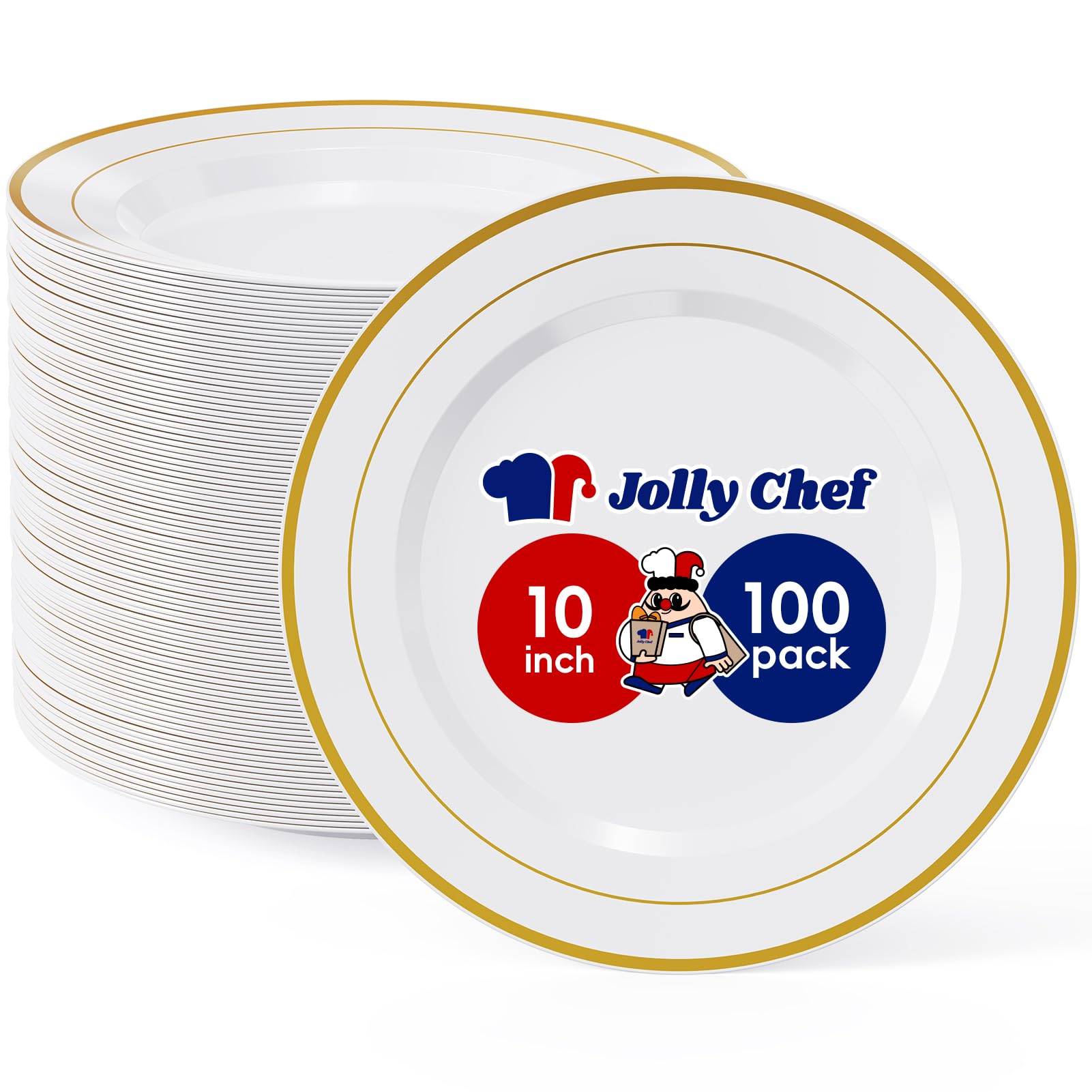 JOLLY CHEF 100 Pieces Gold Plastic Plates, 10 Inch Elegant Disposable Dinner White with Gold Rim, Disposable Plastic Plates for Christmas, Birthdays and Weddings
