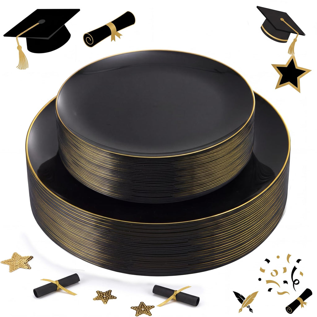KIRE 60PCS Black Plastic Plates - Black Disposable Plates with Gold Rim - Include 30Pcs 10.25inch for Dinner and 30Pcs 7.5inch for Dessert for Wedding/Graduation/Party