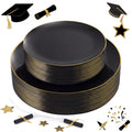 KIRE 60PCS Black Plastic Plates - Black Disposable Plates with Gold Rim - Include 30Pcs 10.25inch for Dinner and 30Pcs 7.5inch for Dessert for Wedding/Graduation/Party