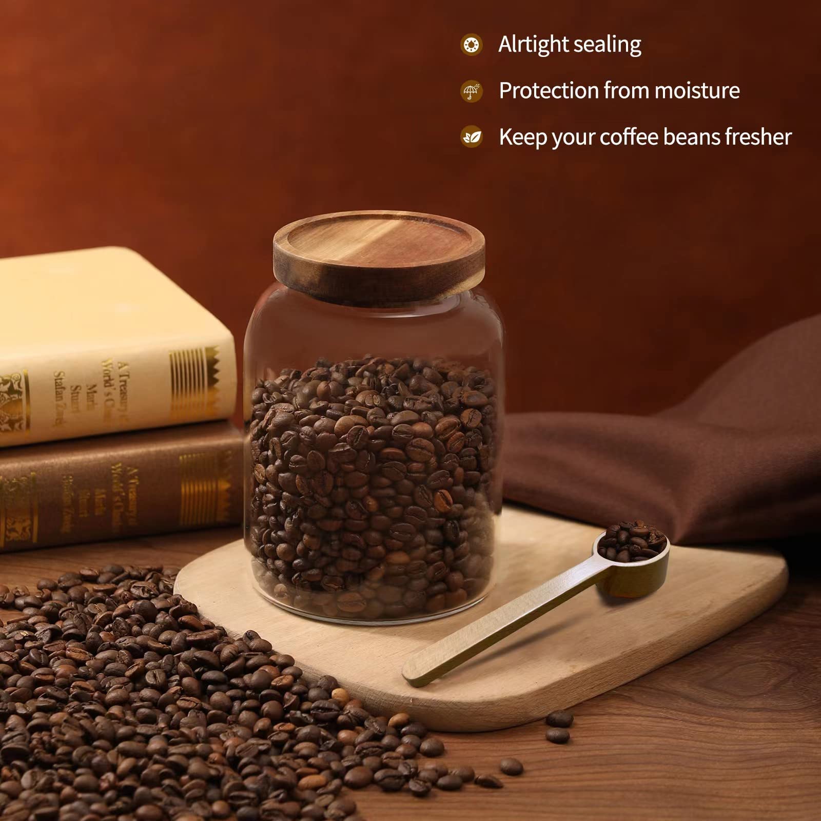 OULOVECO Glass Coffee Storage Jar with Lids Scoop Round Glass Coffee Ground Containers Borosilicate Glass Food Canister for Cereals Oats Beans Nut Sugar Candy Spice Rice Tea