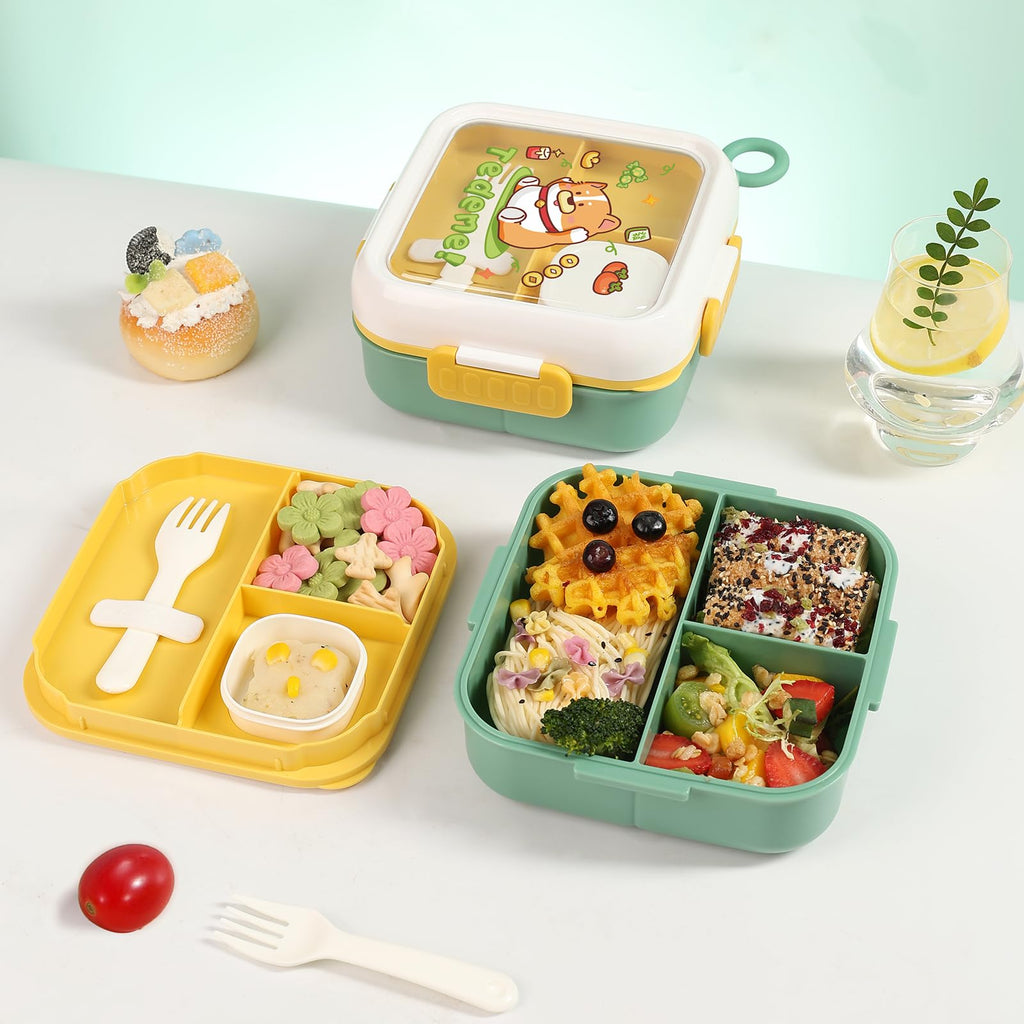 SAYAPE Bento Box for Kids & Adults – Cute Cartoon 2-Layer Lunch Box with Fork, Sauce Cup & Brush, BPA-Free, 3-Compartment Square Snack Container with Handle for School, Office, or Travel (Green)