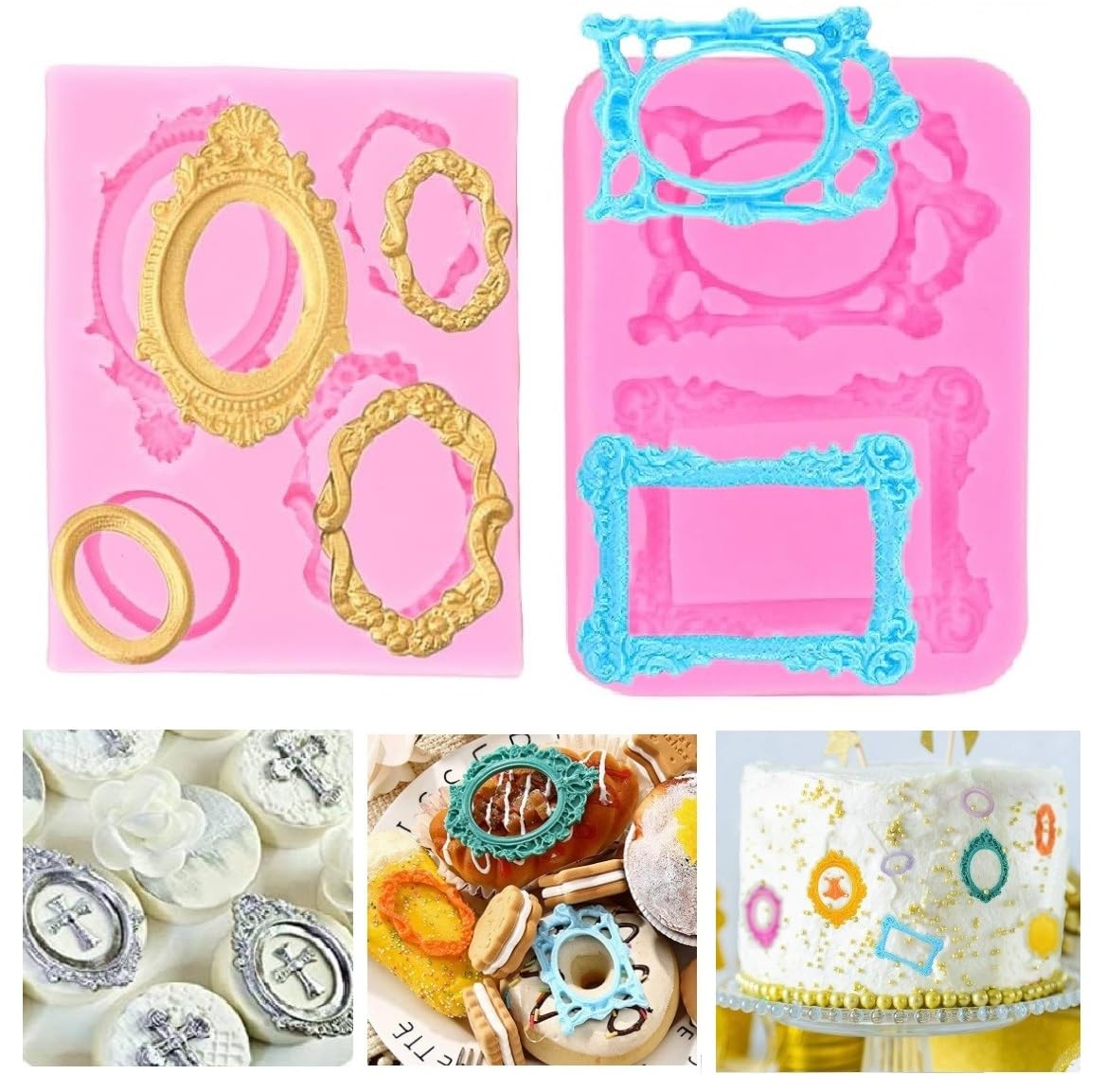 Photo Frame Fondant Molds Picture Frames Chocolate Silicone Mold Vintage Frame Molds for Cake Pop Puck Decorating Cupcake Topper Candy Polymer Clay