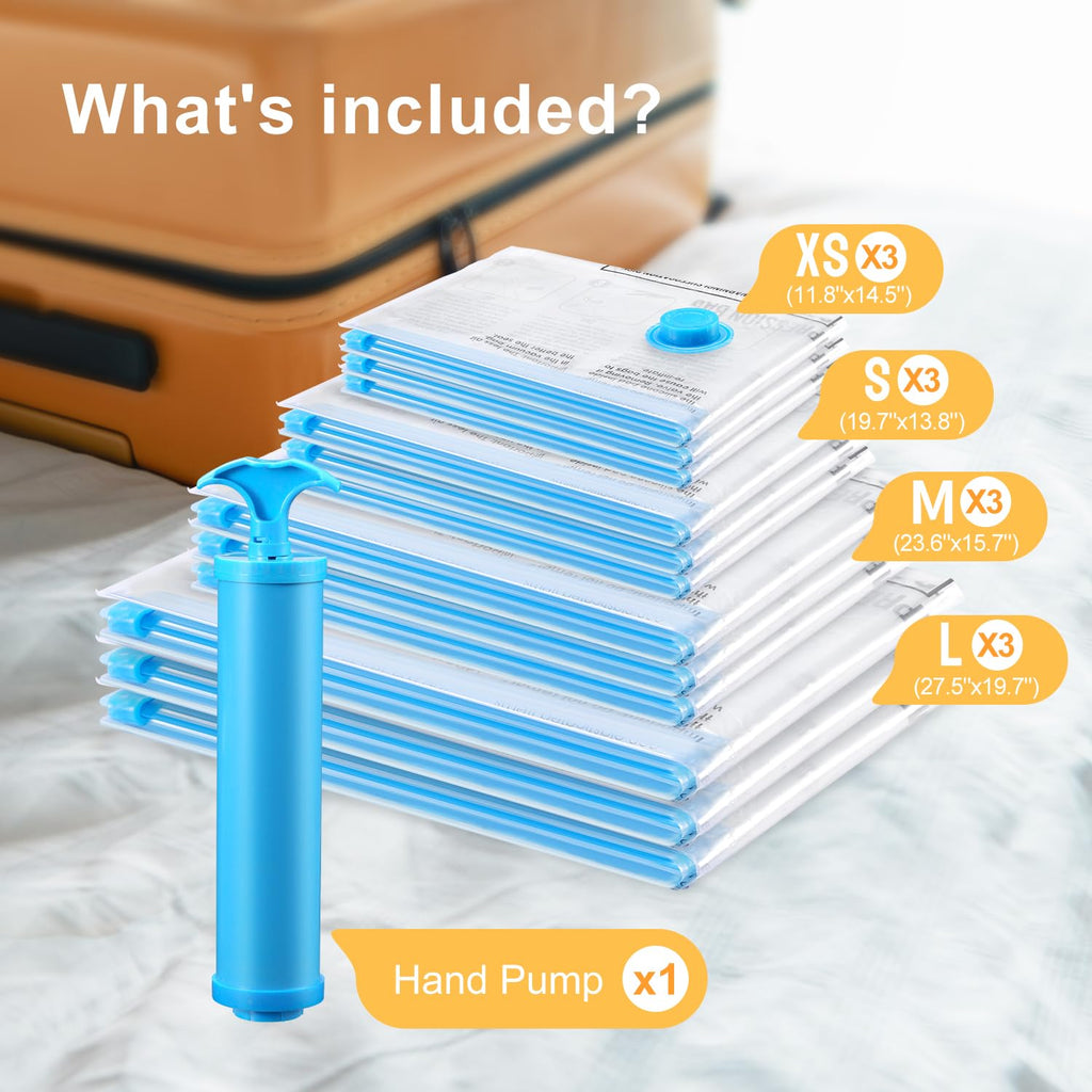 UPGOGO Vacuum Bags for Travel, 12 Pack with Hand Pump, Space Saver Vacuum Storage Bags, Travel Essentials, Clothes, Blankets, Pillows