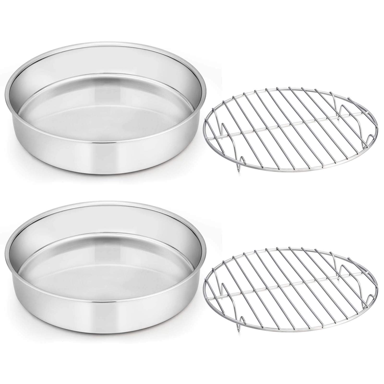 E-far 9½-inch Cake Pan with Rack Set, Stainless Steel Round Cake Pans and Baking Cooling Racks, Non Toxic & Healthy, Mirror Polished & Dishwasher Safe - 4 Pieces (2 Pans + 2 Racks)