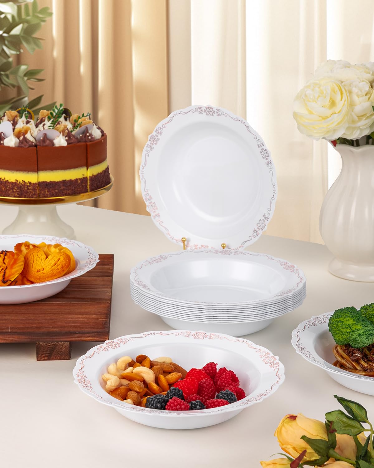 Bestluck 100 Pack White Plastic Bowls with Rose Gold Rim