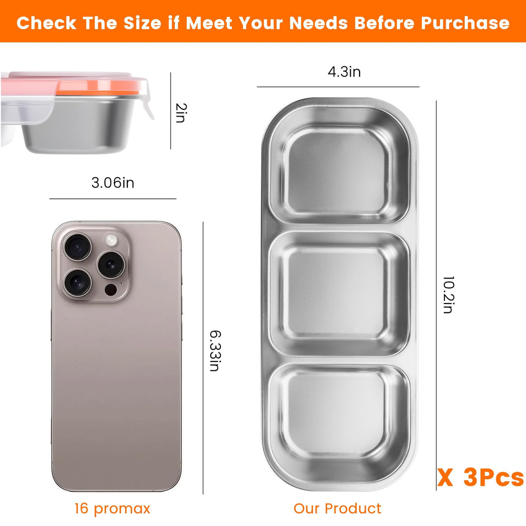 Bandesun Stainless Steel Snack Containers for Kids & Adults, 3 Pack Leek Proof Metal Bento Lunch Box with with lids, Lunchable Containers for Travel, School, Home - Stackable Bento Snack Box