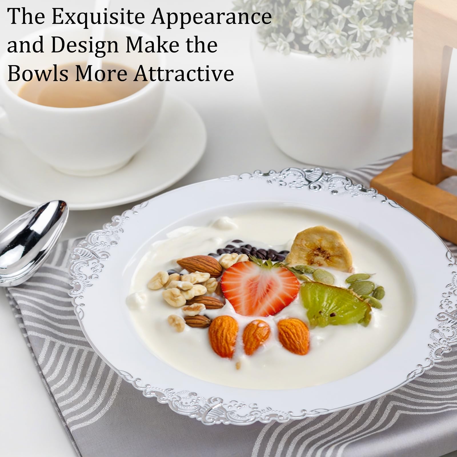 Nervure 50PCS White Plastic Bowls with Silver Rim 12oz Disposable Soup Bowl
