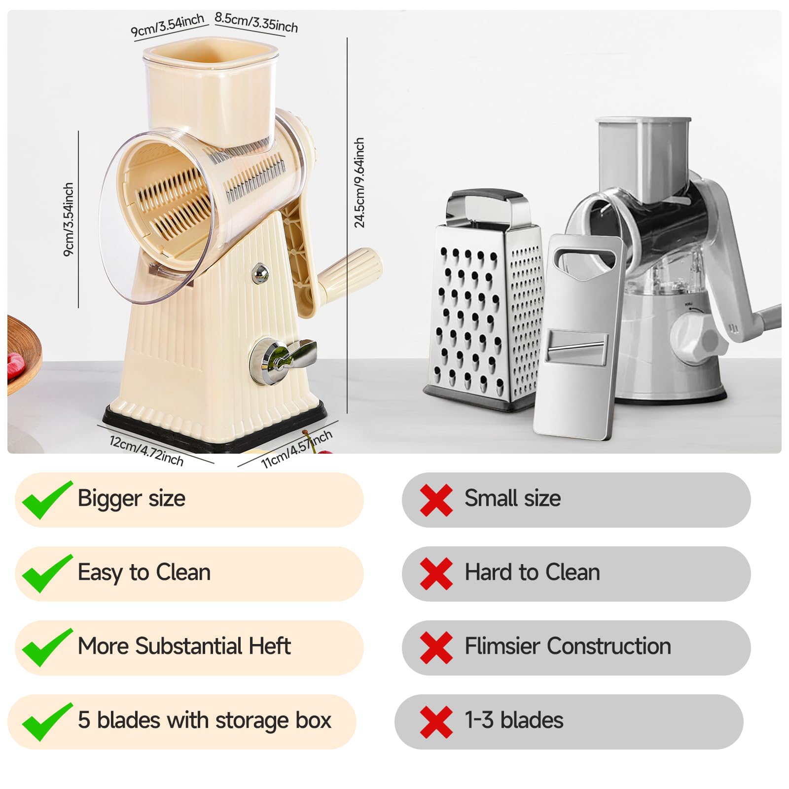 Xilrvna RotaryCheese Grater,VegetableShredder 5 in 1 Cheese Grater with HandleedderReinforcedSuction,EasytoClean,KitchenChopperforCrushedIce,Fruits and Nuts with Blade Storage Case（White