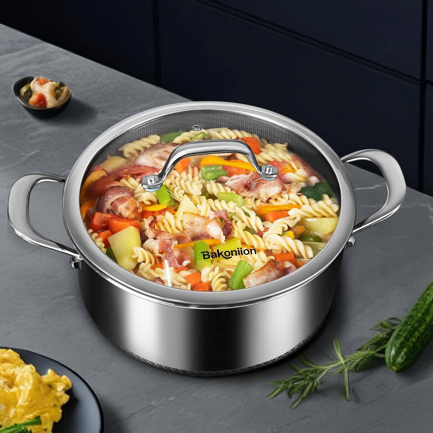 Bakoniion Pots and Pans Set,12 Inch Hybrid Nonstick Frying Pan & 5QT Stockpot,3 PCS Silicone Kitchen Utensils Set