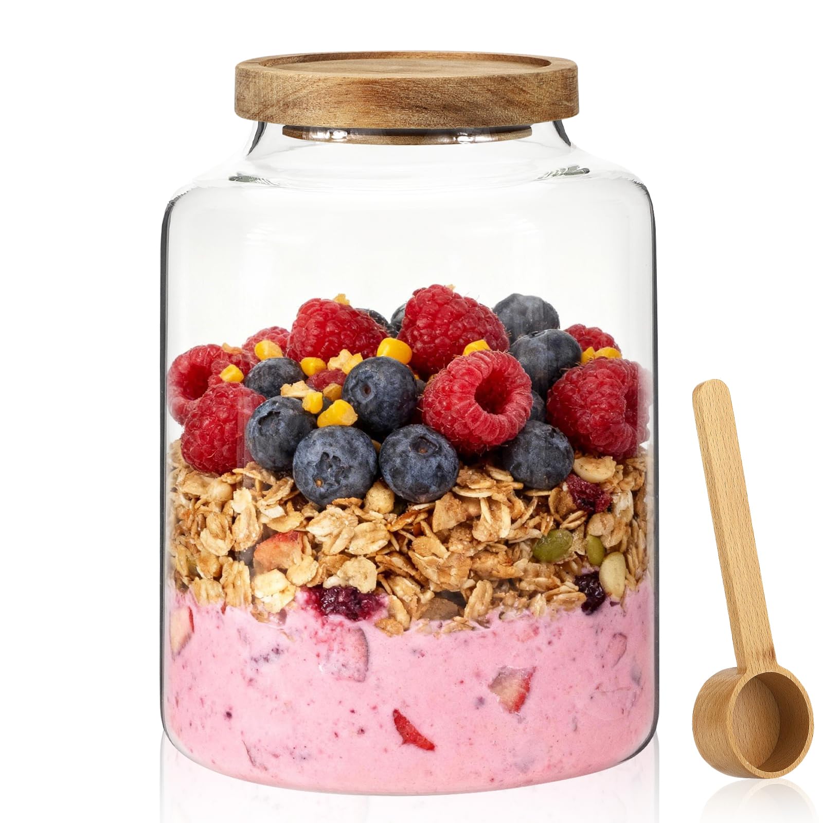 OULOVECO Glass Coffee Storage Jar with Lids Scoop Round Glass Coffee Ground Containers Borosilicate Glass Food Canister for Cereals Oats Beans Nut Sugar Candy Spice Rice Tea