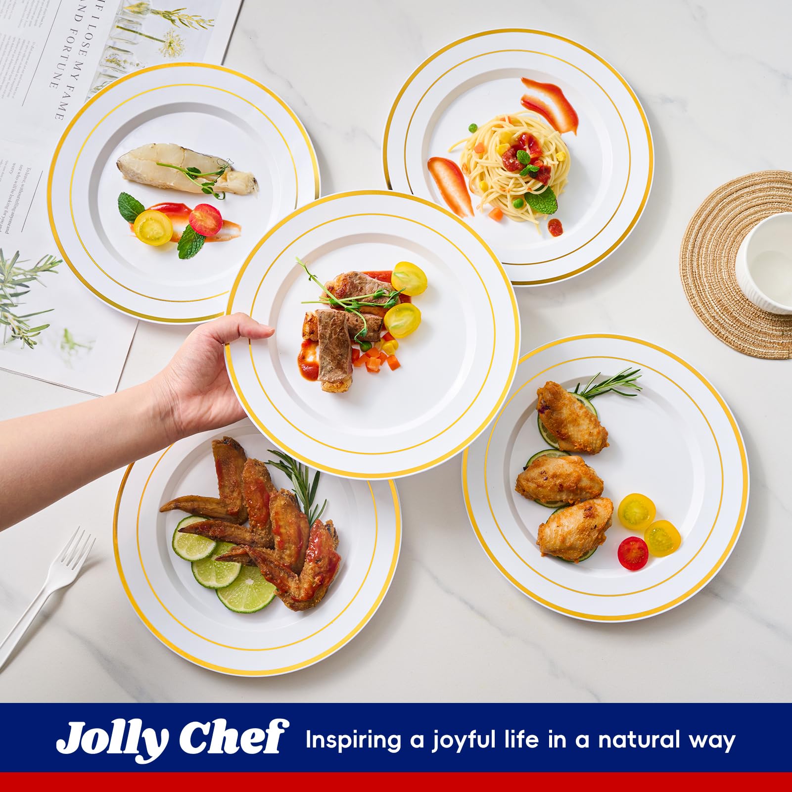 JOLLY CHEF 100 Pieces Gold Plastic Plates, 10 Inch Elegant Disposable Dinner White with Gold Rim, Disposable Plastic Plates for Christmas, Birthdays and Weddings