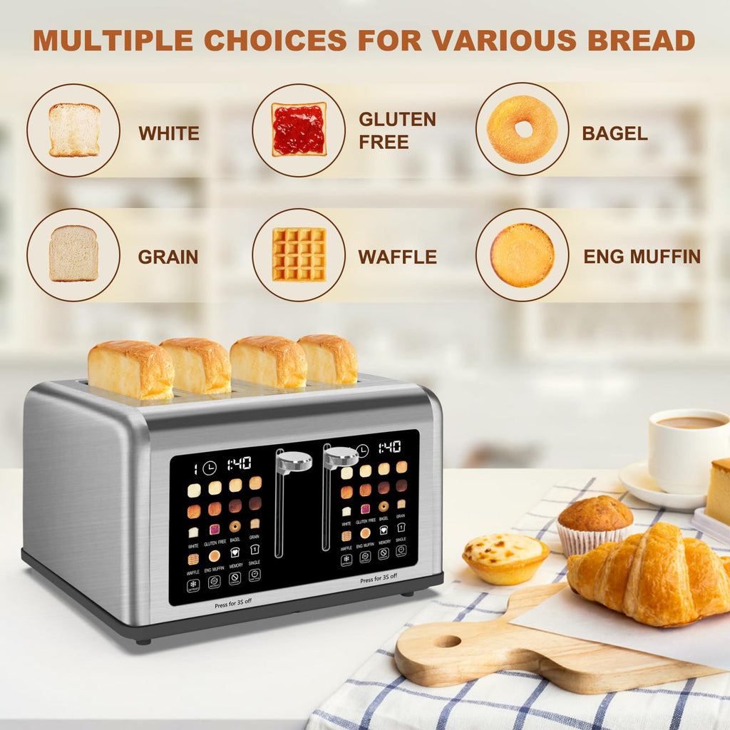 4 Slice Toaster Touch Screen, Stainless Steel Toasters Digital Timer, Dual Control Panel Toasters, 8 Shade Settings 6 Bread Types for Bagel, Cancel, Defrost 1650W Silver