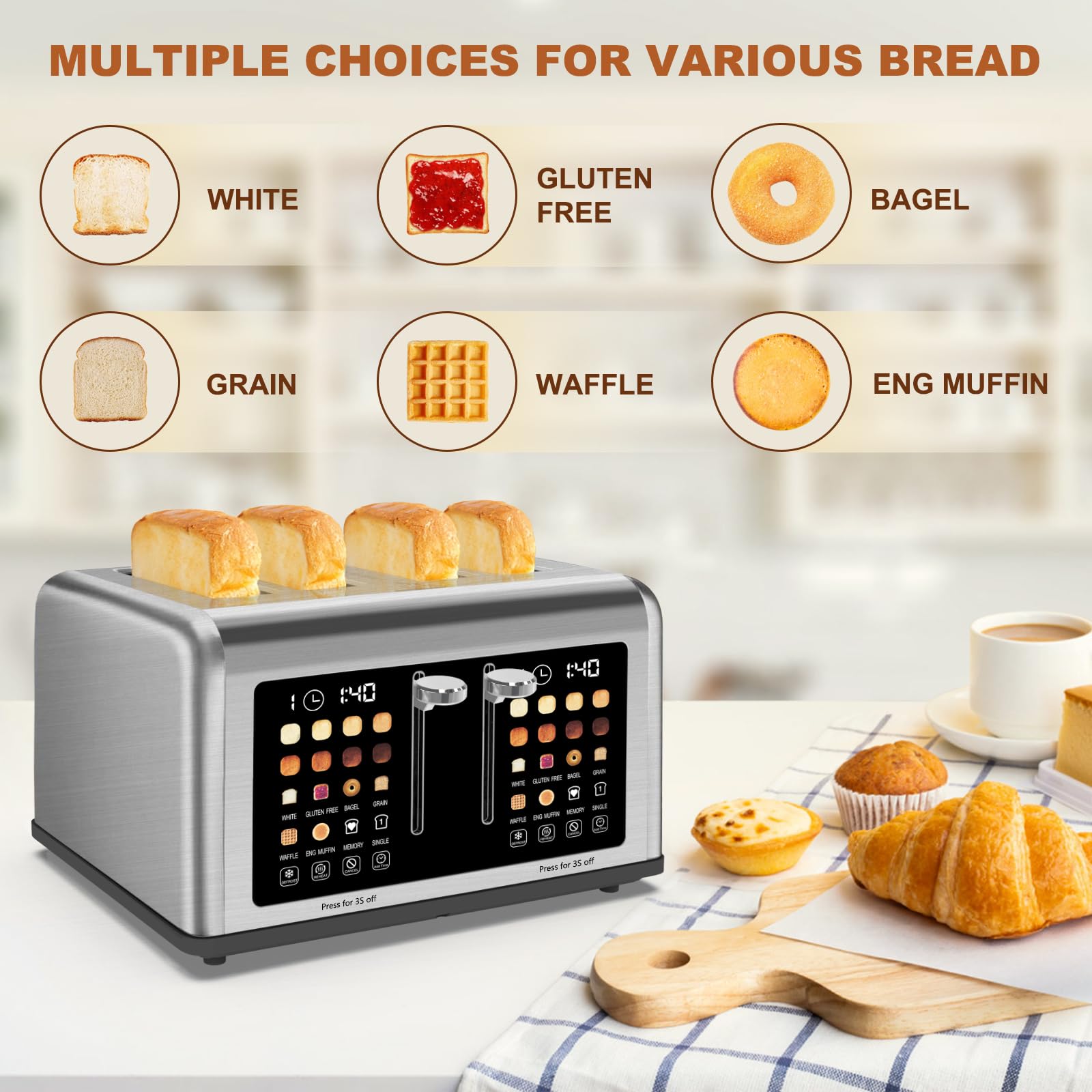 4 Slice Toaster Touch Screen, Stainless Steel Toasters Digital Timer, Dual Control Panel Toasters, 8 Shade Settings 6 Bread Types for Bagel, Cancel, Defrost 1650W Silver