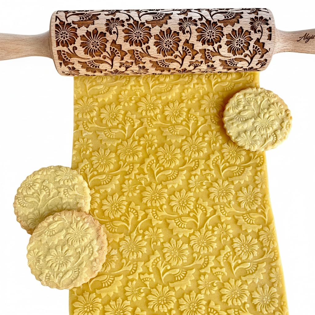 MOSS ROSE Embossed Rolling Pin for Ceramic. Clay Roller and Ceramic Stamp for Embossing Pottery. Baking Gifts for Women by Algis Crafts for Embossed Cookies