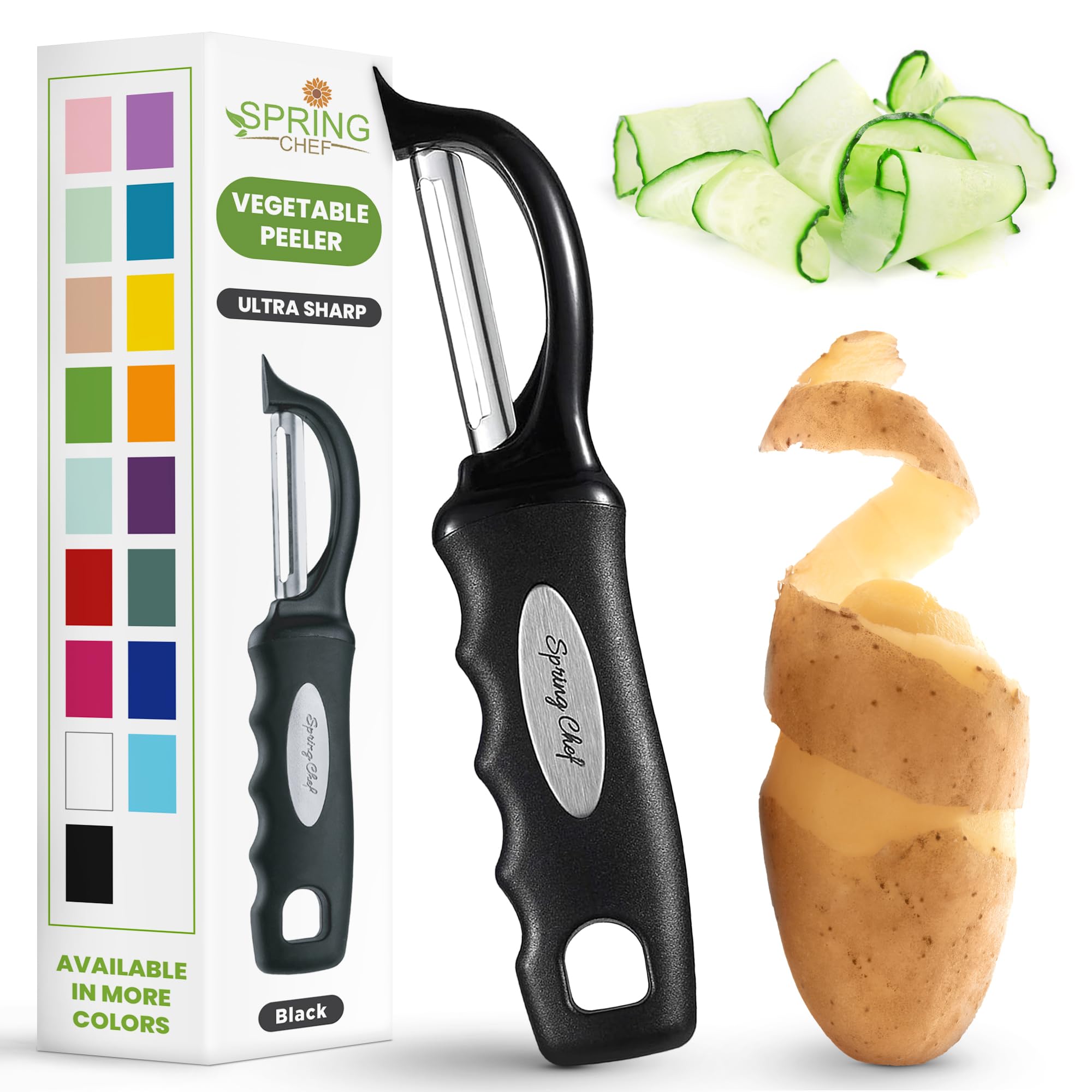 Spring Chef Swivel Vegetable Peeler for Kitchen w/Soft Grip Handle, Black