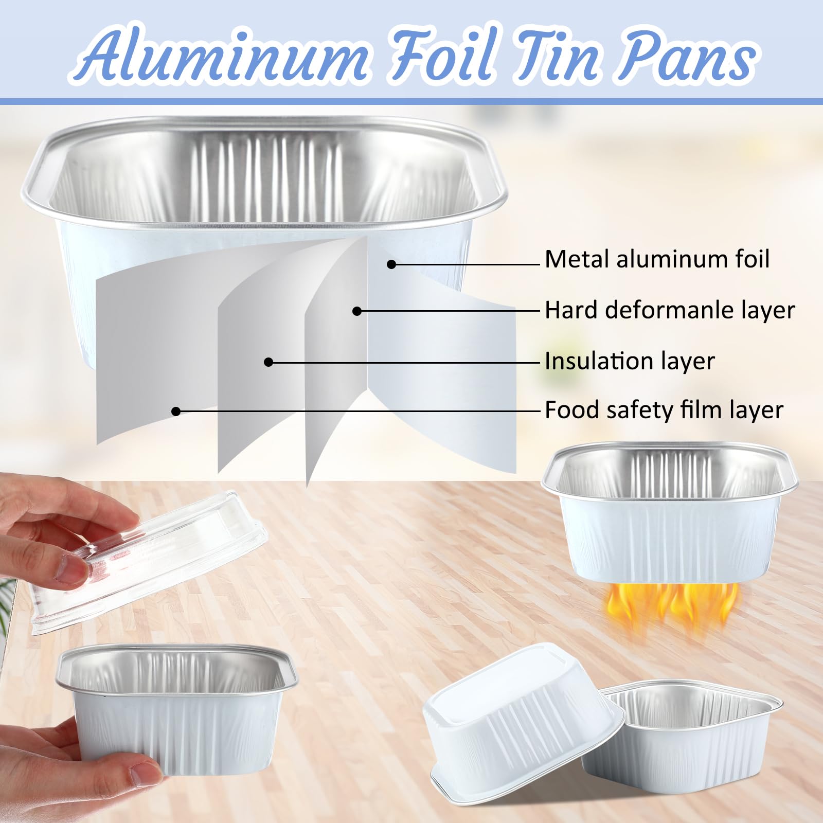 Aoriher 150 Pcs 10 oz Mini Cake Pans with Lids Aluminum Foil Baking Cup Disposable Square 4 x 4 Large Baking Tin, Muffin Pan Cheesecake Kitchen Brownie Pudding Desserts Holder(White)