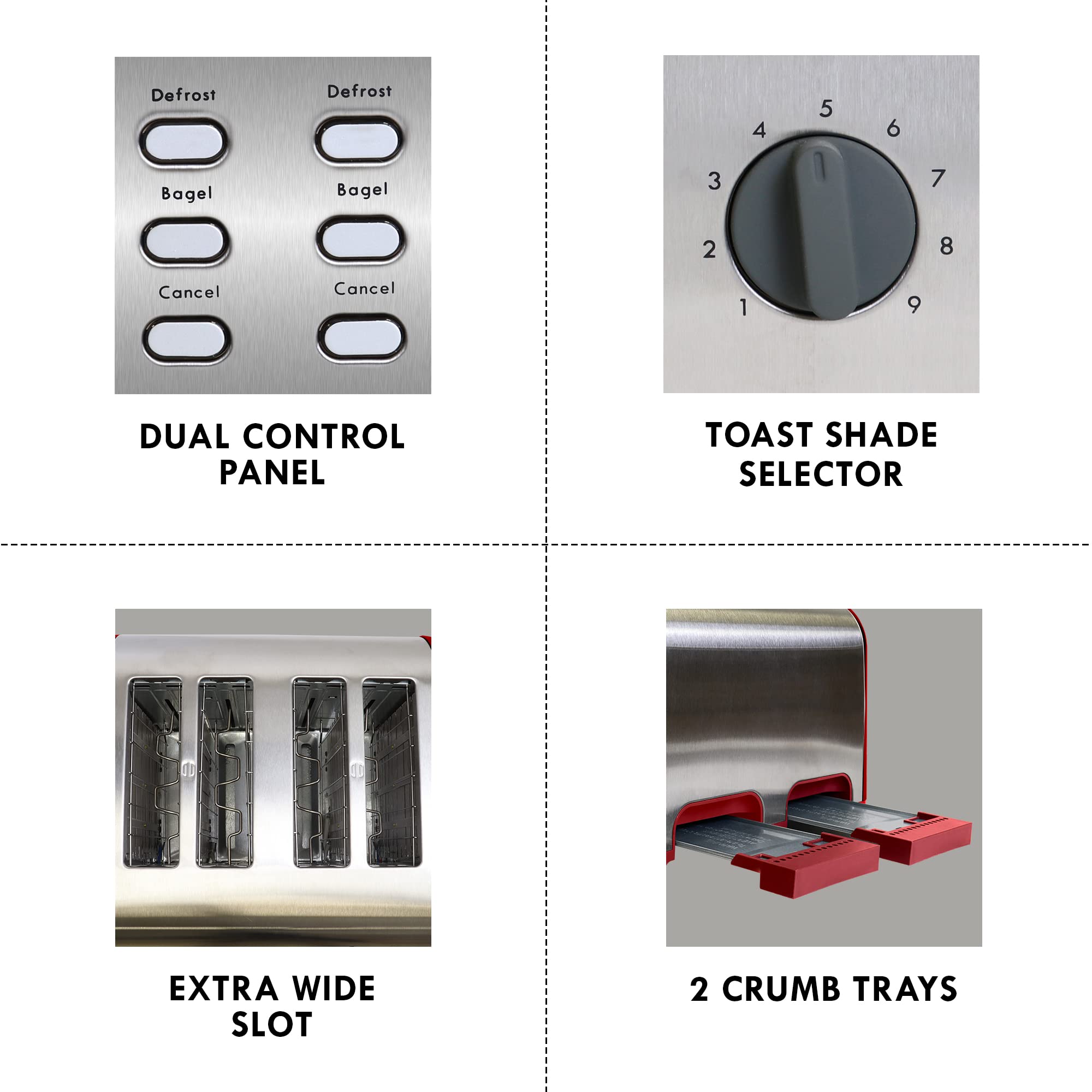 Slice Toaster, Red Stainless Steel, Dual Controls, Extra Wide Slots, Bagel and Defrost Functions, 9 Browning Levels, Removable Crumb Trays, for Bread, Toast, English Muffin, Toaster Strudel