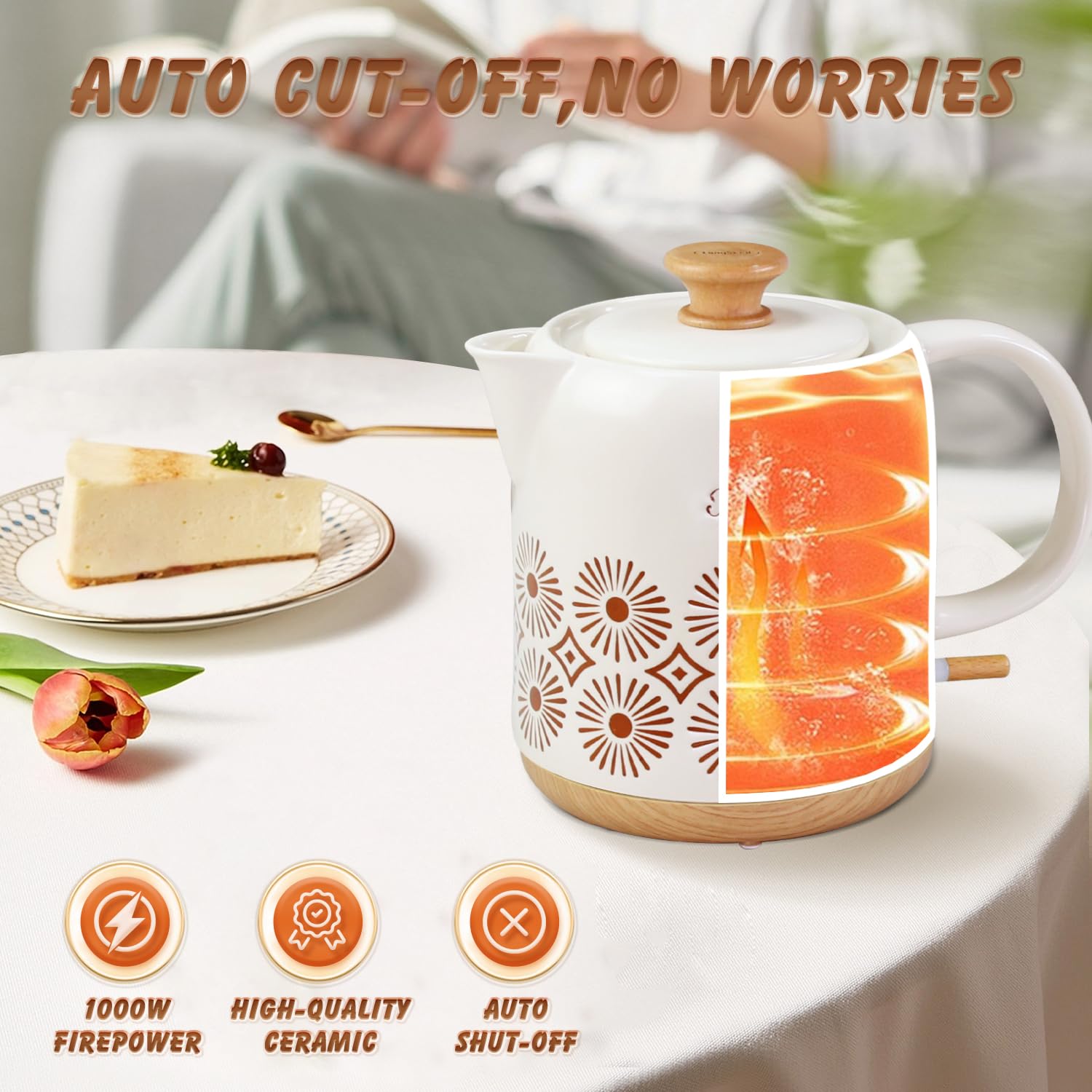 LONGSEED Ceramic Electric Kettle 1 Quarts, Automatic Shut Off, Porcelain Teapot, Hot Water Electric Boiler with LED Light, Boil Dry Protection, Short Spout 1000W Rapid Boiling Water for Tea Coffee