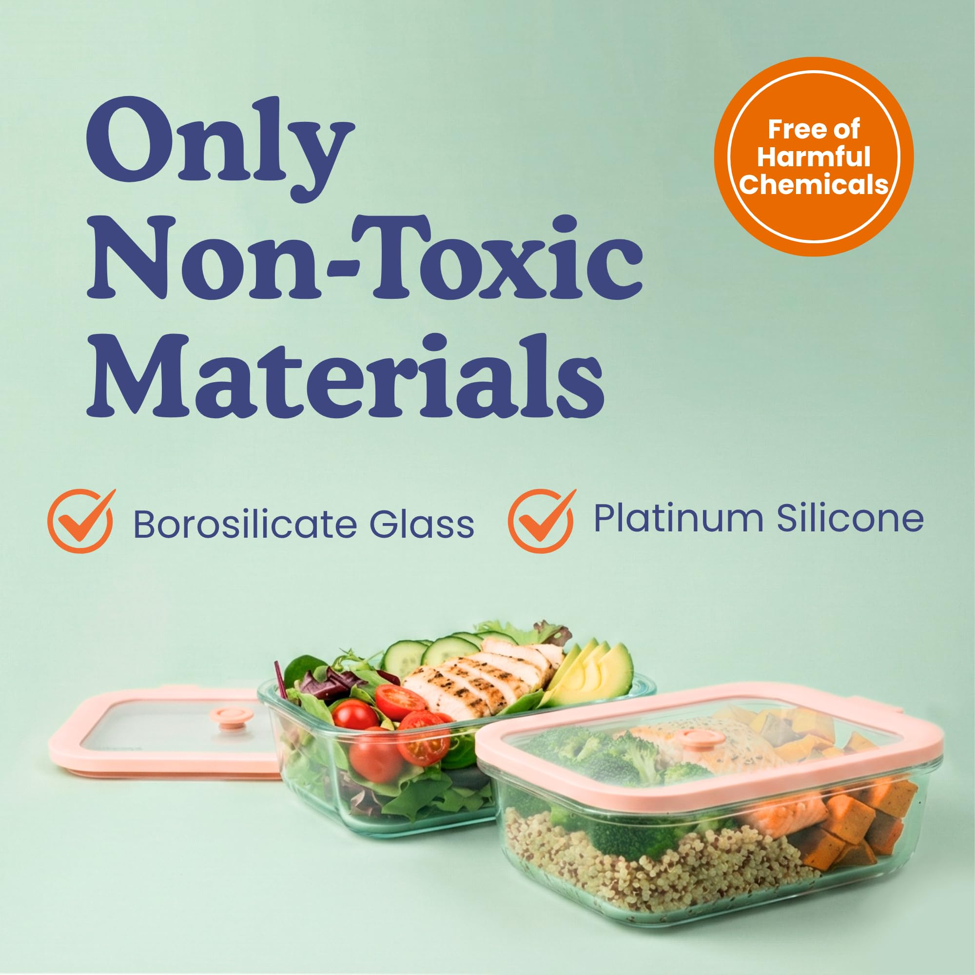 Non-Toxic Glass Food Containers with Lids, 4-Pack, 35 oz, Airtight, Beige