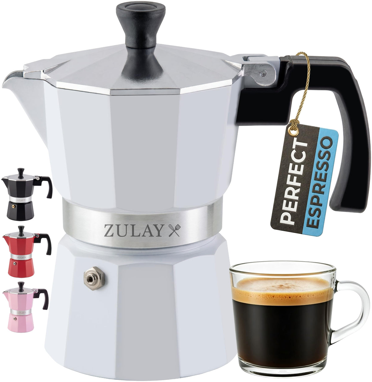 Zulay Moka Pot Espresso Stovetop Coffee Maker - Leak-Proof, Stainless Steel, Easy to Clean, Heat Resistant Handle & Knob - for Authentic Cuban & Italian Style Espresso - Makes 12 Espresso Cups - White