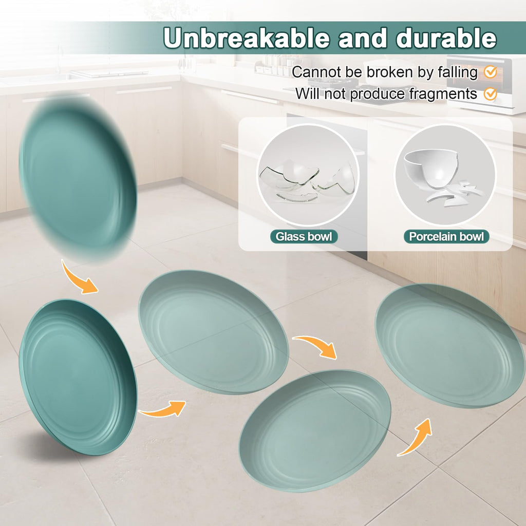 HEYCOME 12 Pcs Unbreakable Deep Dinner Plates Set, 9 inch Reusable Plastic Wheat Straw Plates, Microwave and Dishwasher Safe Plate for Kitchen, Lightweight Plate for Dessert, BPA Free, 4 Colors