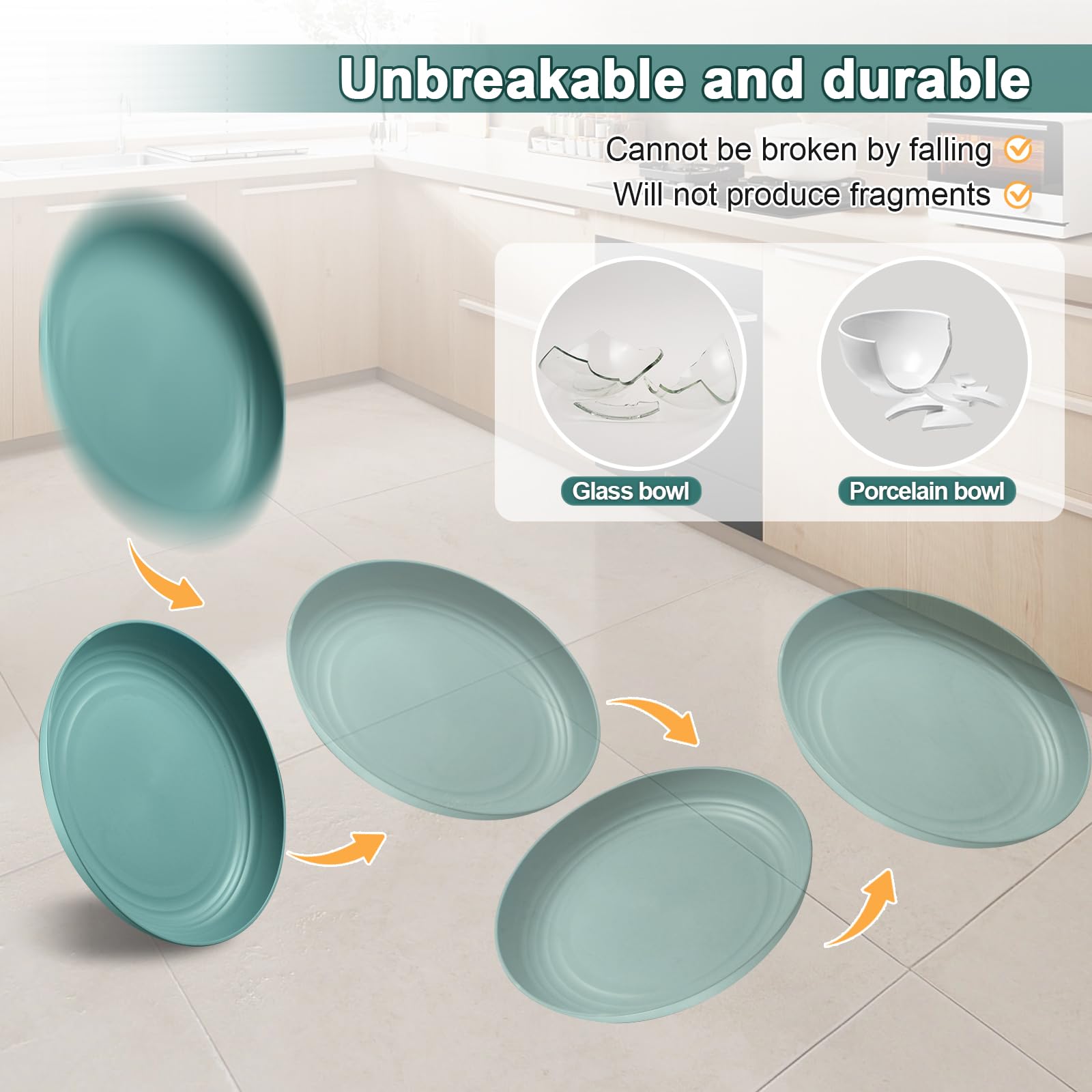 HEYCOME 12 Pcs Unbreakable Deep Dinner Plates Set, 10 inch Reusable Plastic Wheat Straw Plates, Microwave and Dishwasher Safe Plate for Kitchen, Lightweight Plate for Dessert, BPA Free, Dark Blue