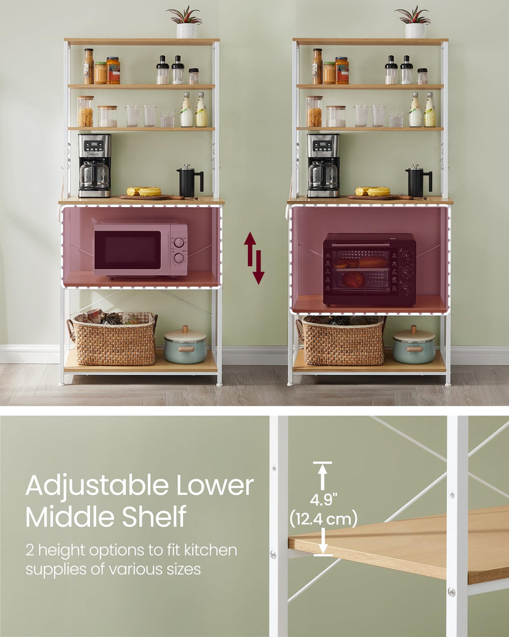 VASAGLE Bakers Rack with Power Outlet, 31.5 Inches Coffee Bar for Kitchen with Storage, 6-Tier Kitchen Shelves with 6 Hooks, Microwave Stand, Modern, Golden Oak and Cloud White UKKS119Y01