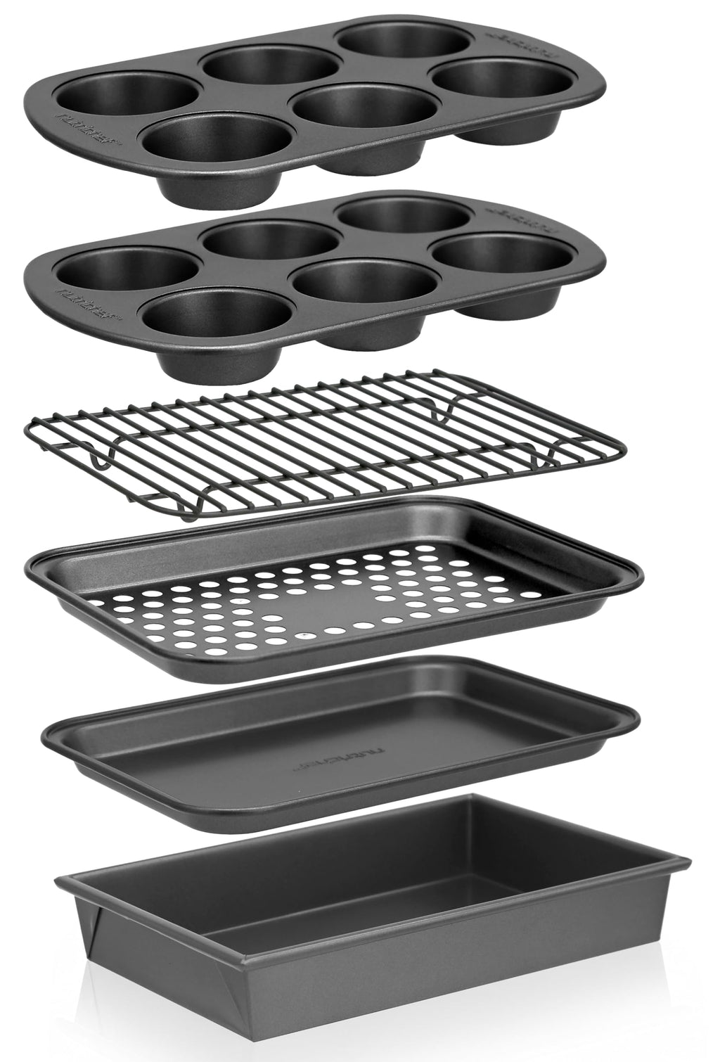 NutriChef 6-Piece Toaster Oven Bakeware Set, Compact Non-Stick Stackable Baking Pan Set with Muffin Pans, Roasting Tray & Baking Sheets, Durable Stain-Resistant Carbon Steel Design for Toaster Ovens