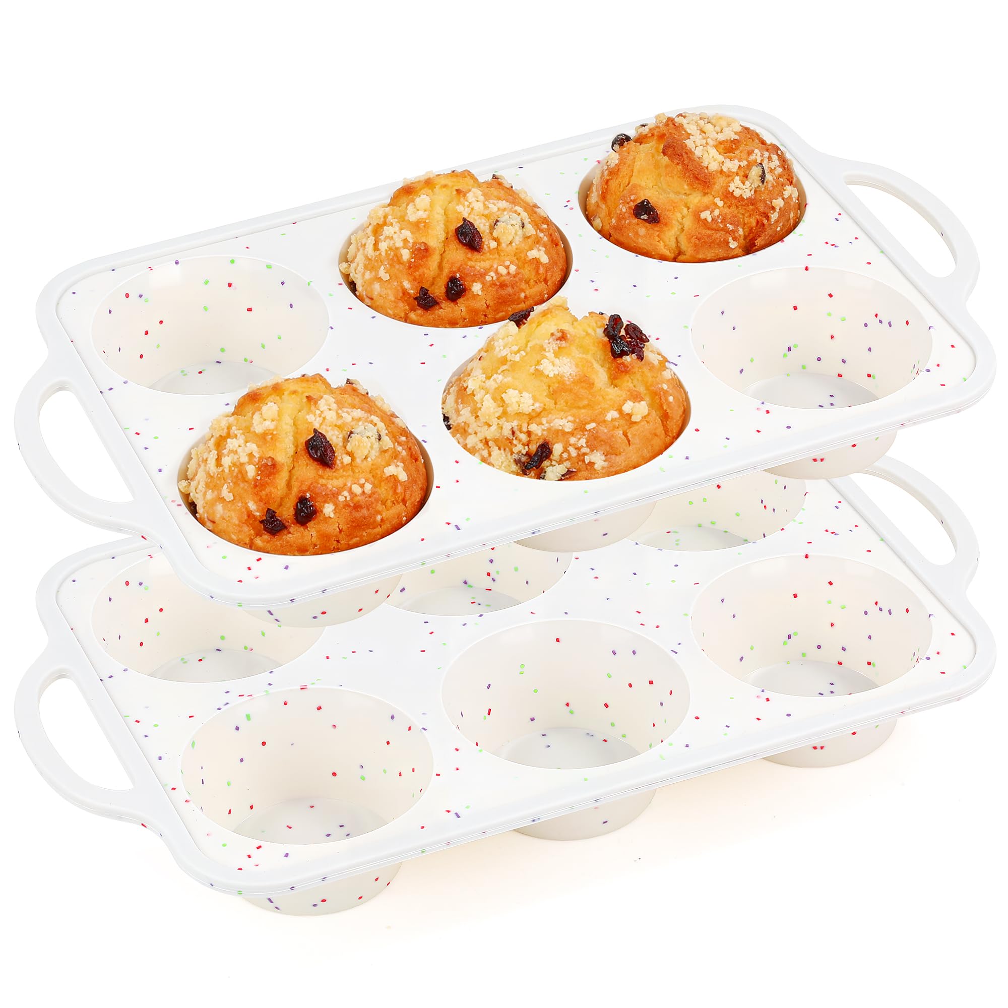 AOTASO 2 Pcs Jumbo Muffin Pan with Metal Frame Nonstick 6 Cup Extra Large Silicone Cupcake Pan for Baking, Deep Jumbo Muffin Tray for Egg Bites Muffins, Confetti Color Cream Gifts for Mom Home Baker