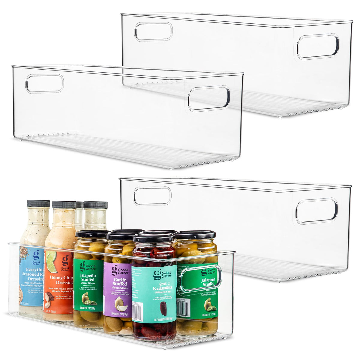 Plastic Food Storage 2 Pack Clear Container Bin with Handles for Organizing Kitchen, Pantry, Refrigerator, Freezer, Pantry, Cabinet, Closet, Bathroom. 16”x8”x5”
