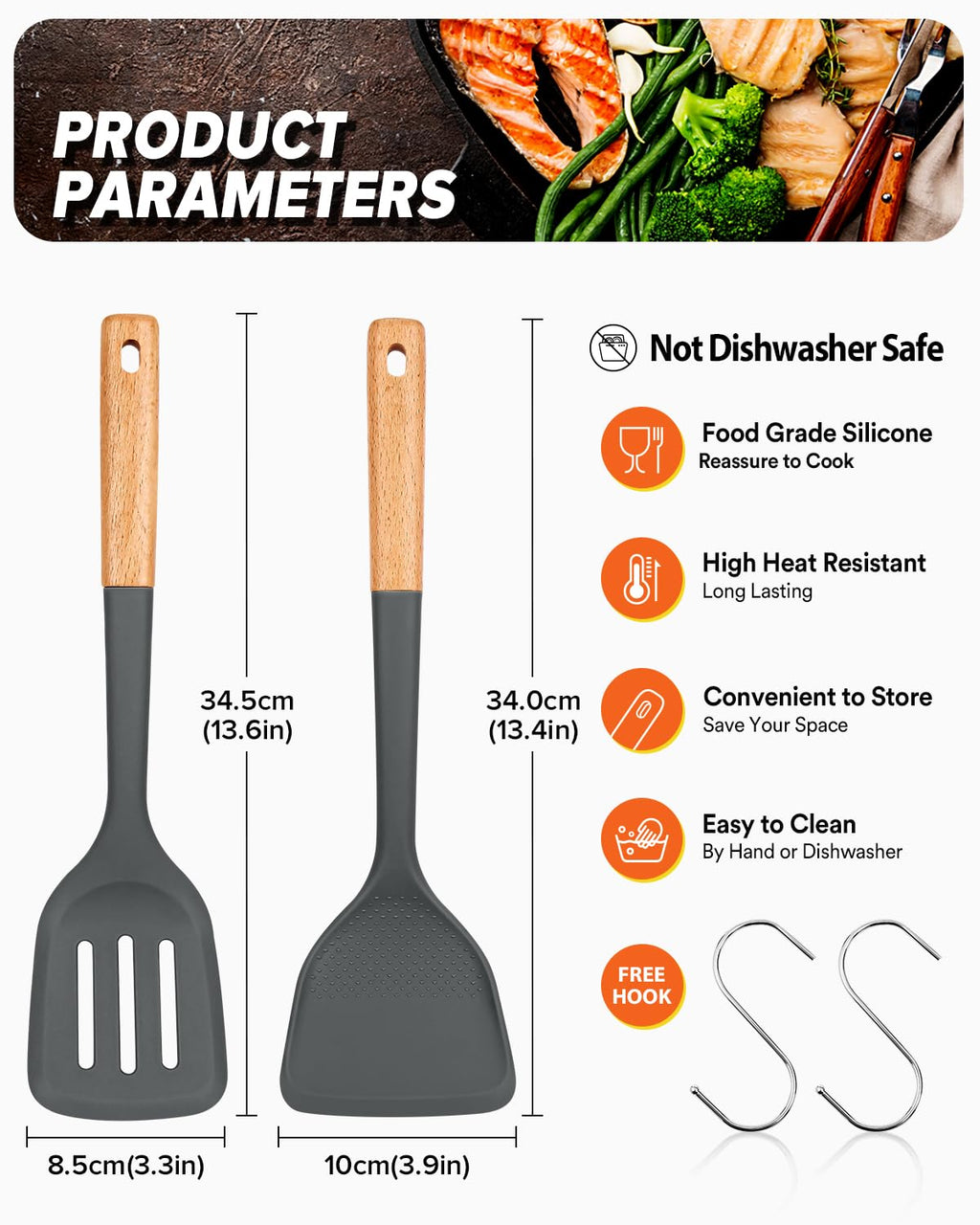 Silicone Wok Spatula Turner Set, Perfect for Scooping, Flipping, Lifting Pancakes and Picking up Veggies, BPA-Free Matte Silicone, Wooden Handles, Safe for Nonstick Cooking Surfaces (Grey)