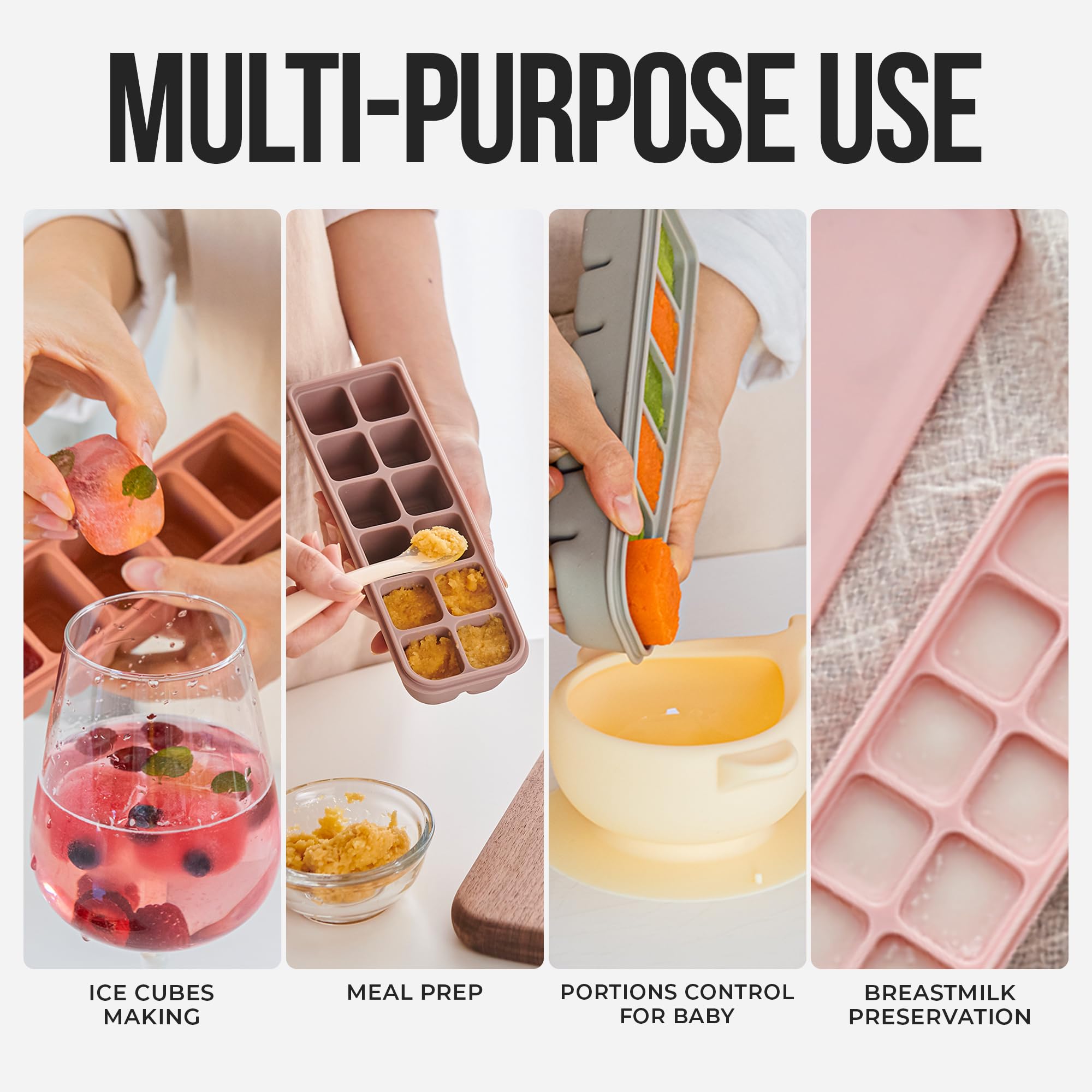 Firgi 1.7 oz/4 Sections Silicone Ice Cube Freezer Tray with Lid, 100% Food-Grade Platinum Silicone,Leak Resistance & Dishwasher Safe for Baby Food Prep,Breast Milk,Purees - Korean Made, Beige
