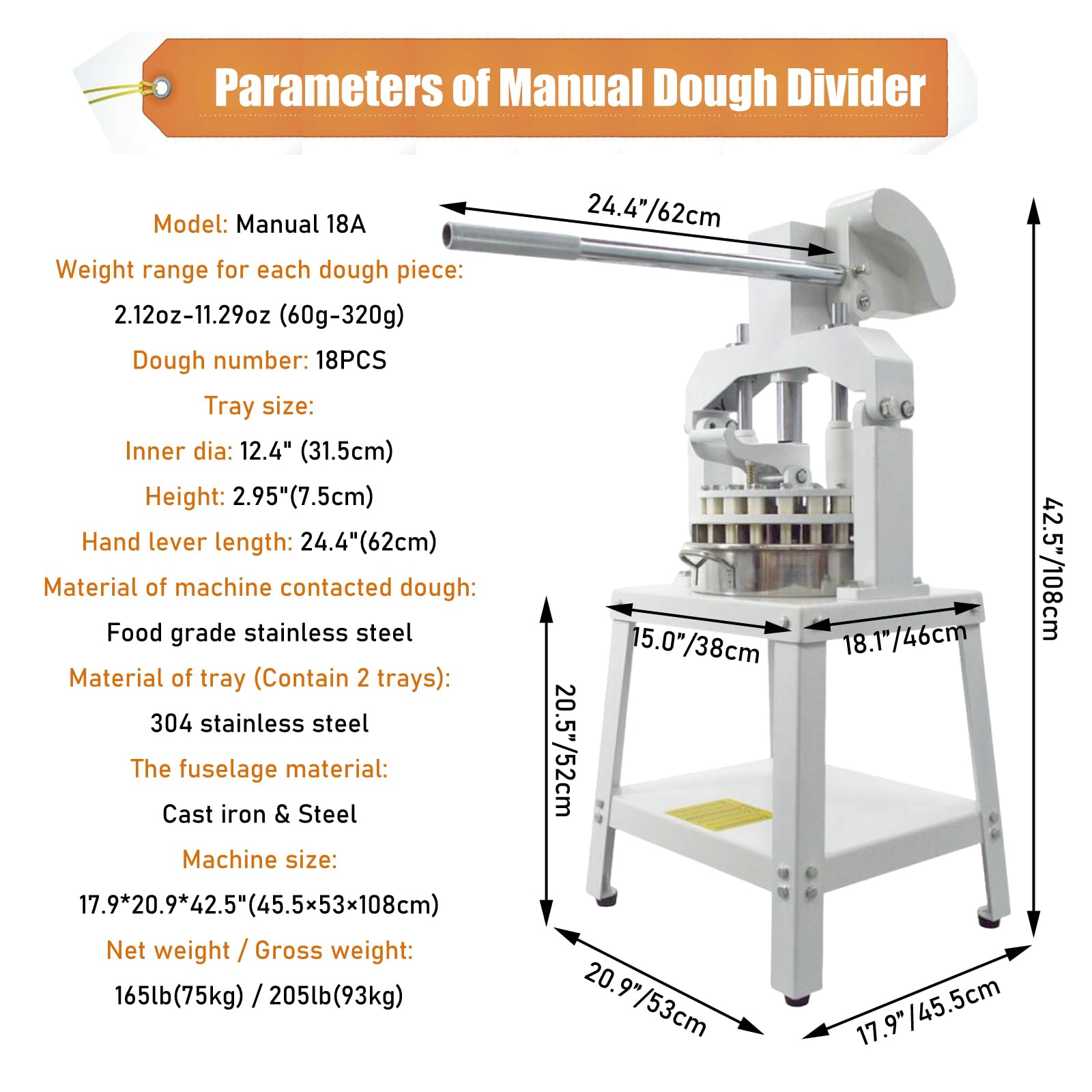 Yokoma Commercial 18PCS Dough Divider Vertical Manual 18PCS Dough Divider Manual Doughs Dividing Cutting Machine with 2 Stainless Steel Basins for Commercial Baking, 2.2-11.29oz(60-320g) Weight Range