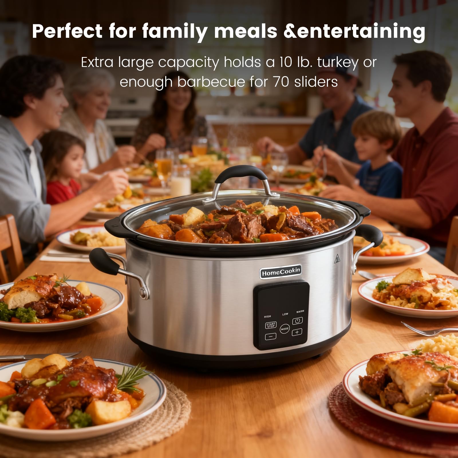 HOMECOOKIN Slow Cooker, Extra Large 10 Quart Digital Programmable Slow Cookers with Timer, Dishwasher Safe Glass Lid & Crock, Kitchen Appliance for Families and Gatherings, Stainless Steel