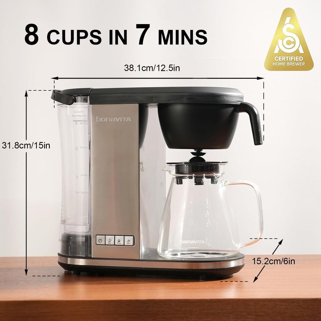 Bonavita Enthusiast 8 Cup Drip Coffee Brewer, Pour Over, SCA Certified Coffee Machine with Glass Carafe, Stainless Steel Panel, Removable Reservoir