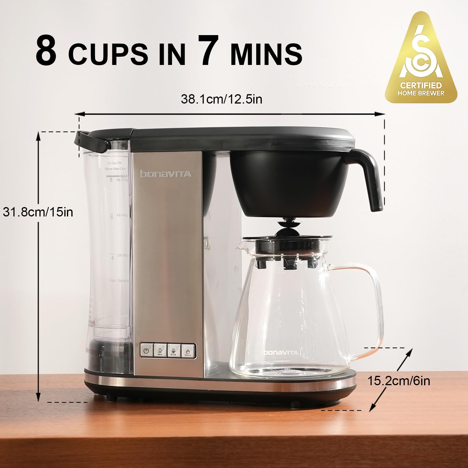 Bonavita Enthusiast 8 Cup Drip Coffee Brewer, Pour Over, SCA Certified Coffee Machine with Glass Carafe, Stainless Steel Panel, Removable Reservoir