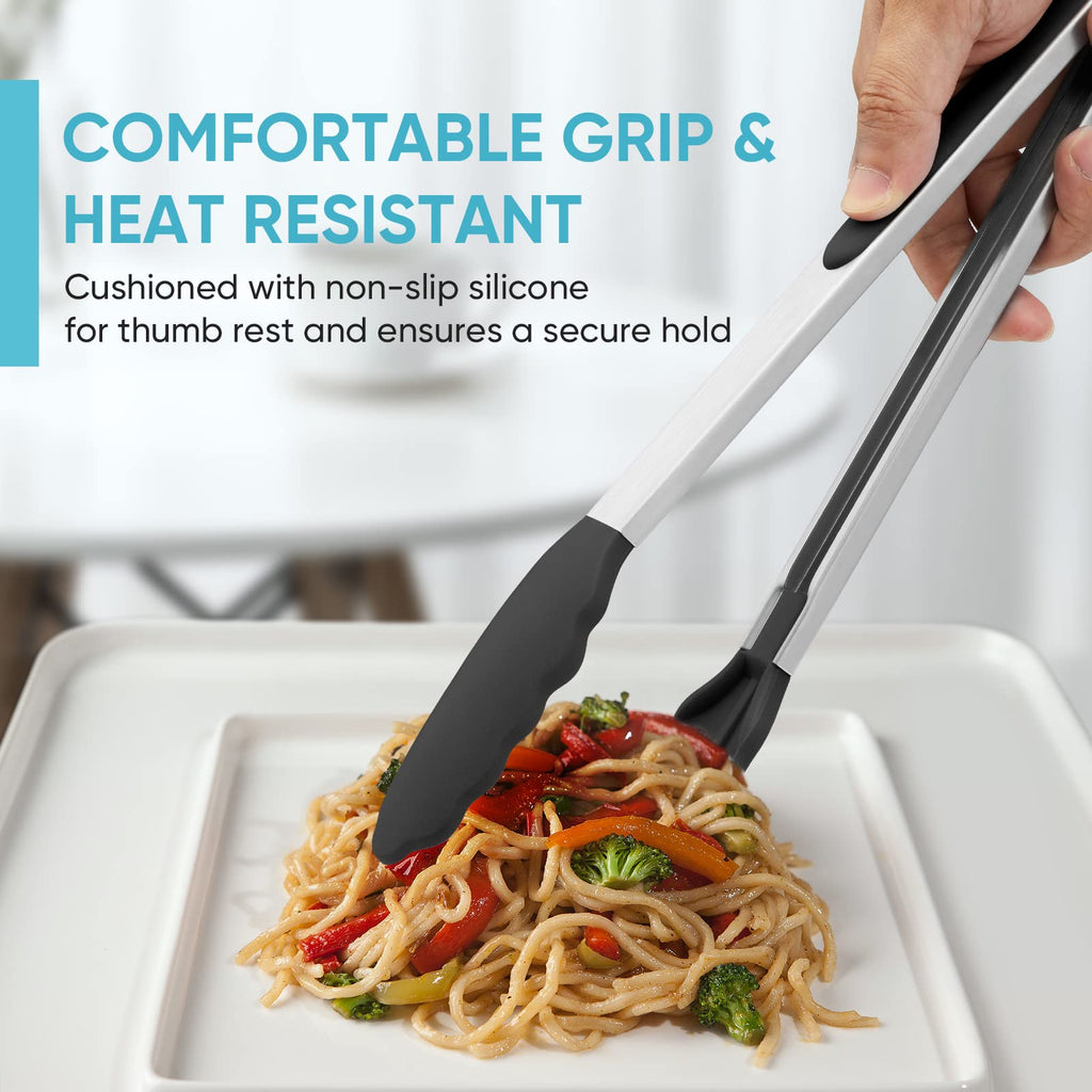 12-Inch Kitchen Tongs for Cooking with Silicone Tip,Black