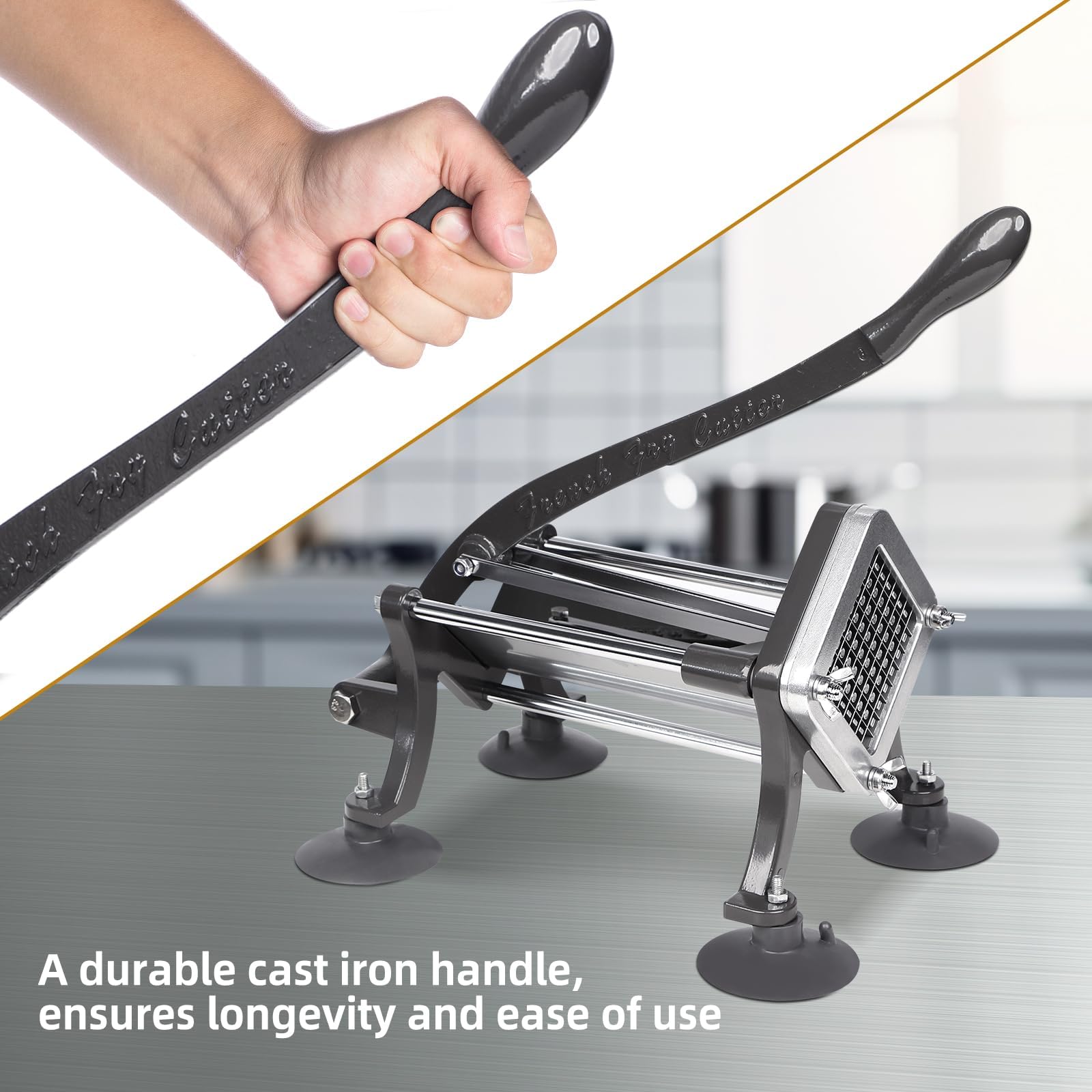 French Fry Cutter Commercial Grade Potato Slicer with Stand Suction Feet Complete Set, Includes 1/4", 3/8", 1/2", 2 Pieces L Stand