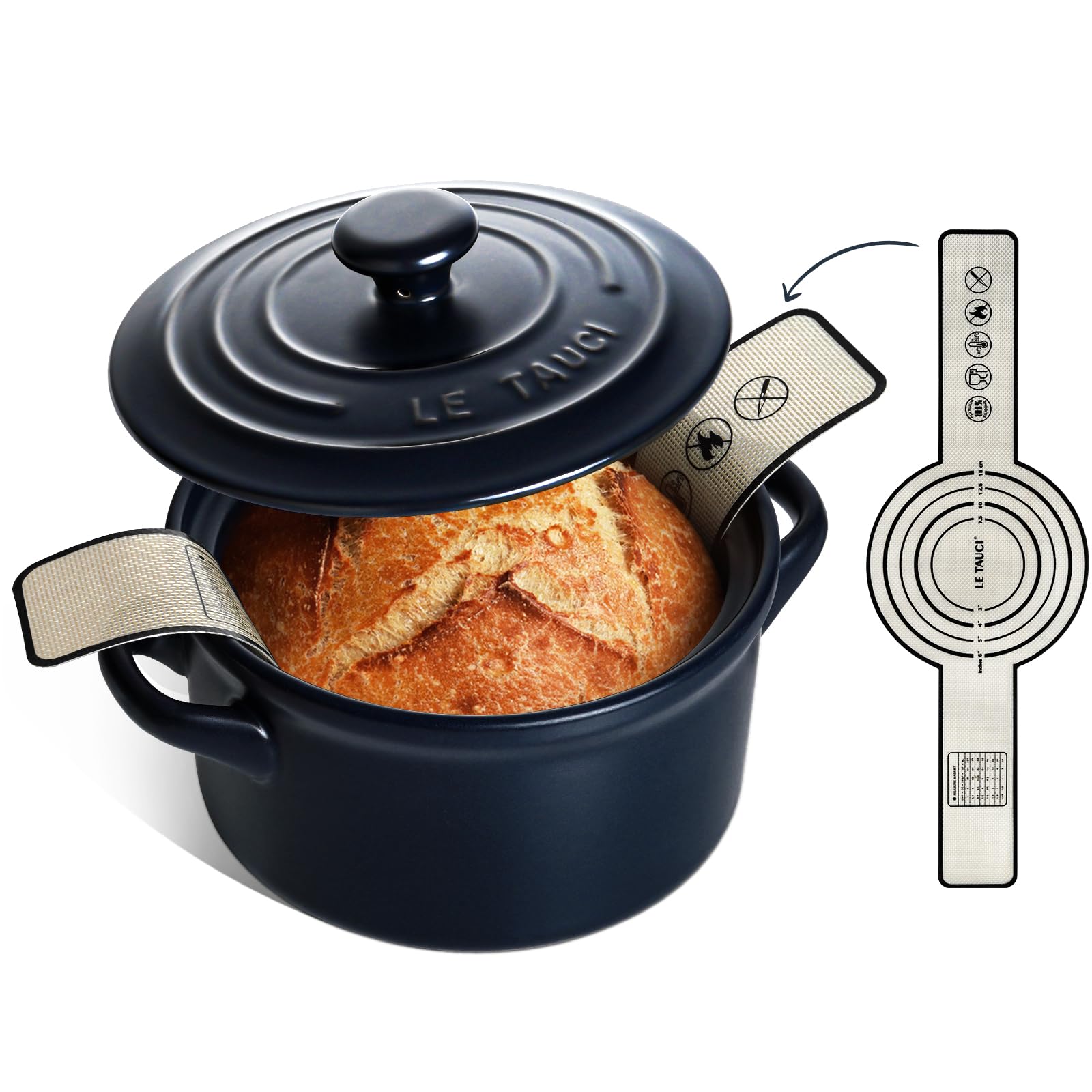 LE TAUCI 3 QT Ceramic Bread Baker with Lid for Sourdough, Covered Bread Baking Pot with Natural Steam Retention, Oven Safe to 500°F, Silicone Bread Sling Included, Midnight Blue