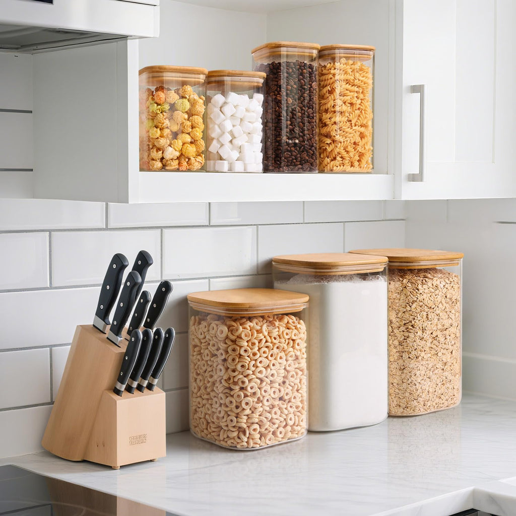 ComSaf Glass Storage Jars with Bamboo Lids 4.6 Qt Large Pantry Square